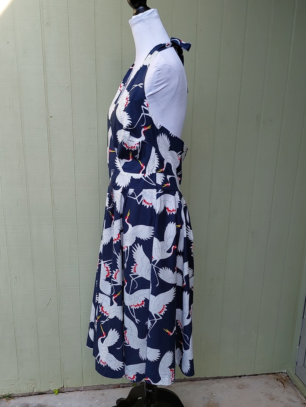 Unique Vintage Halter Crane Button Navy White Midi Dress Sz L - Picture 5 of 15